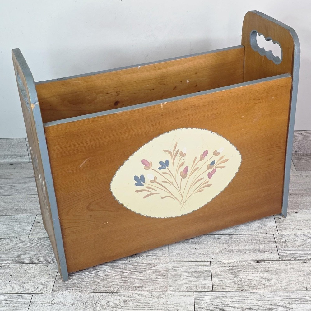 Vintage '86 Handpainted Wooden Magazine Books Rack Holder Cottagecore Floral